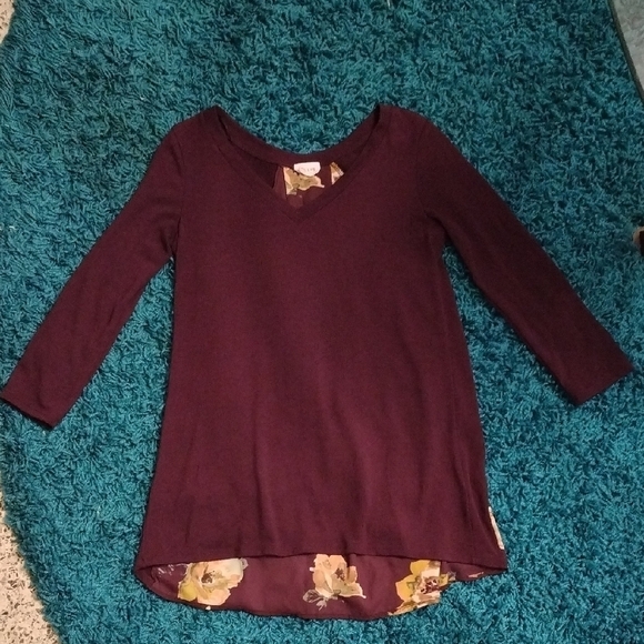 Le Lis Tops - Le Lis Deep Burgundy Top with Rounded Neckline and 3/4 Sleeves